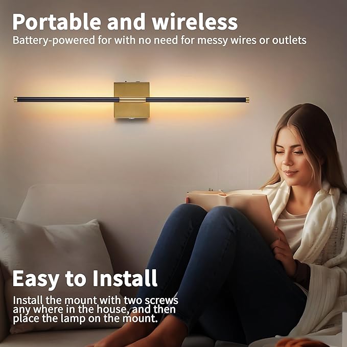 15800 mAh Battery Operated Wall Sconces with Remote Control Dimmable Wall Sconces Set of Two 3000K LED Brass Gold and Black Wireless Wall Light Battery Powered Cordless Rechargeable Sconces Decor