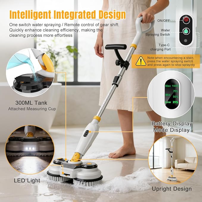 Cordless Electric Mop for Dewalt 20V Battery (NO Battery), 2 in 1 Electric Spin Mop & Electric Floor Scrubber Machine with LED Light & Water Spray,800 RPM Electric Mops for Floor(White)