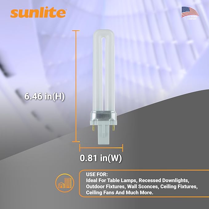 Sunlite PL13/SP41K Compact Fluorescent Single U-Shaped Twin Tube Light Bulb, 13 Watts, 120 Volts, 720 Lumens, 2-Pin GX23 Base, 4100K Cool White, 10 Pack