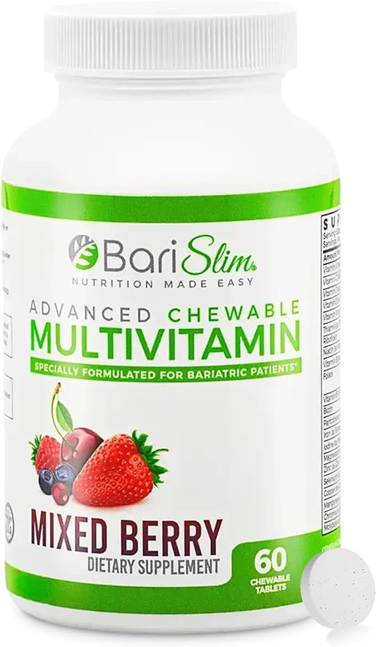 BariSlim Advanced Comprimés Multivitaminés Bariatriques à Croquer - Vitamines et Suppléments Bariatriques Post-Chirurgie Bariatrique Incluant le Bypass Gastrique et la Sleeve Gastrique | Fruits Rouges (60 Comprimés)