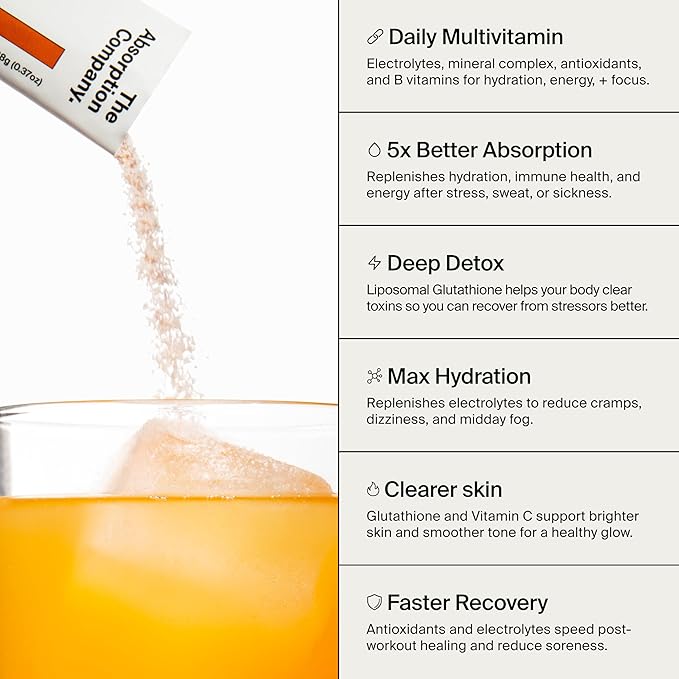 The Absorption Company Electrolyte Powder Packets - Workout Recovery & Hydration Drink Mix with Liposomal Glutathione, Vitamin C & Methylated B Vitamins - Mango Lemonade (14 Sticks)