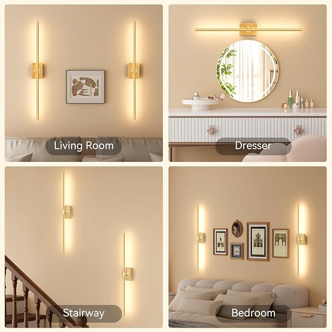 Ouyulong Battery Operated Wall Sconces Set of 2, 10000mAh Wireless Rechargeable 3000-6000K Dimmable 350° Rotate Wall Light with Remote for Living Room, Bedroom 31.6in Gold