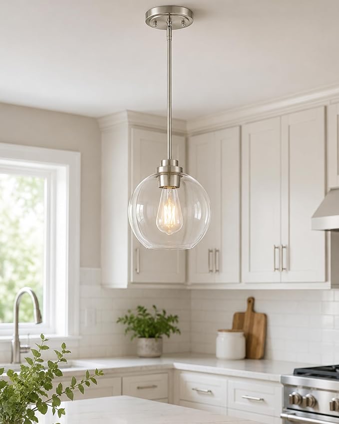 2 Pack Pendant Lights Kitchen Island, 8" Brushed Nickel Pendant Light Fixtures with Globe Clear Glass Shade, Modern Kitchen Island Lighting for Bathroom, AD-22280-2PL-SN