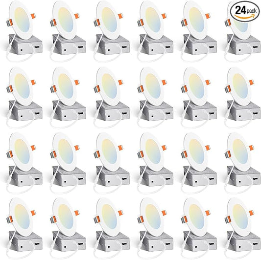 Amico 24 Pack 4 Inch 5CCT Ultra-Thin LED Recessed Ceiling Light with Junction Box, 2700K/3000K/3500K/4000K/5000K Selectable, 10W Eqv 60W, Dimmable Can Light, 800LM High Brightness Downlight - ETL&FCC