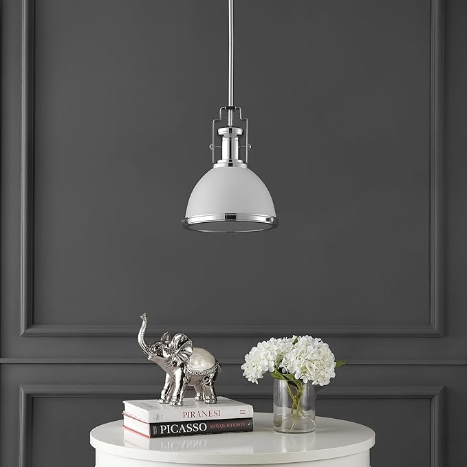 JONATHAN Y 10" Chrome/White Modern Industrial Iron LED Dome Pendant Light, Adjustable Hanging Fixture for Kitchen Island or Entryway, White Metal Shade, LED Bulb Included (JYL9535C)