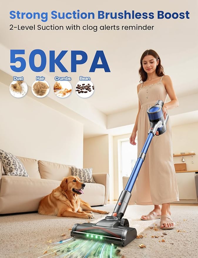 Dzaki Cordless Stick Vacuum Cleaner, 50KPa Brushless Motor Vacuum with Anti-Tangle, LED Display, 55-Min Runtime & Detachable Battery for Pet Hair, Carpet & Hardwood Floors (Blueorange)