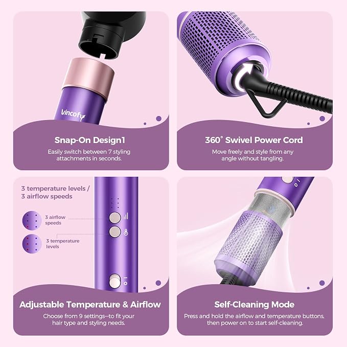 Vincofy 7 in 1 Blow Dryer Brush Set – Hot Air Styler for Fast Drying, Curling, Straightening & Volumizing – Ionic Hair Dryer Brush with 1500W Power – No Heat Damage for All Hair Types – Lilac