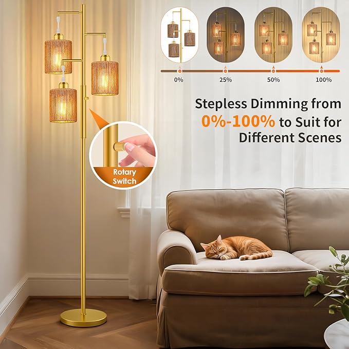 Hotsonic 72" Tall Boho Rattan Style Floor Lamp with Hand-Woven Paper Cord Shade, Dimmable Industrial Tree Standing Lamp for Living Room, Bedroom, Study Room, Office (3 x 800LM Bulbs Included) - Gold