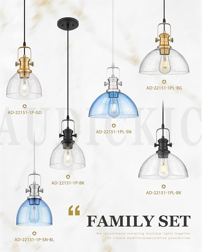 Pendant Lights Kitchen Island, 10.5" Farmhouse Pendant Lighting with Clear Seeded Glass Shade, Vintage Hanging Light Fixtures for Dining Room, Brushed Gold, AD-22151-1PL-GD