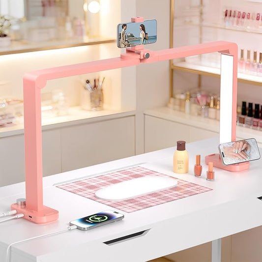 Half Moon Light for Nail Desk with Phone Holder, Large Square Nail Lamp for Desk, Professional Manicurist Desktop Lamp, LED Light Suitable for Manicures, Tattoos, and Sewing, Pink