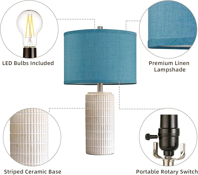 AIEAMPDO 23" Modern Ceramic Nightstand Table Lamps Set of 2, Nautical Lamps for Bedroom Bedside, Side Table Lamps for Living Room, Dining Room, Office, 2 LED Bulbs Included (Blue)
