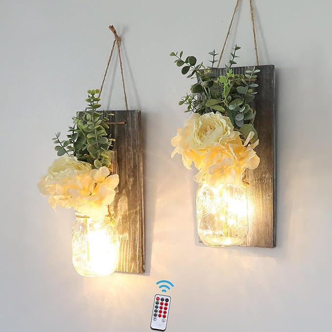 Modern Farmhouse Wall Decor, Country Wall Decor for Bedroom, Living Room, Kitchen, Rustic Wall Art with Led Fairy Lights & Rose Flowers, Wall Art Set of 2, Large Grey