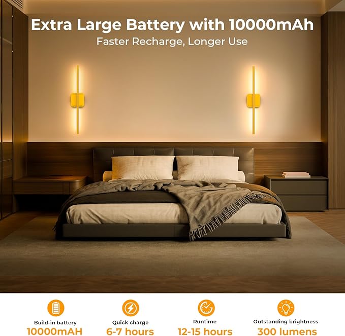GvvooHome 1 Pack Battery Operated Wall Sconce Detachable 360°Rotate, Wireless Wall Lamp 3000-6500K Dimmable, 10000mAh Rechargeable Wall Light for Bedroom, Living Room，28.3" Gold
