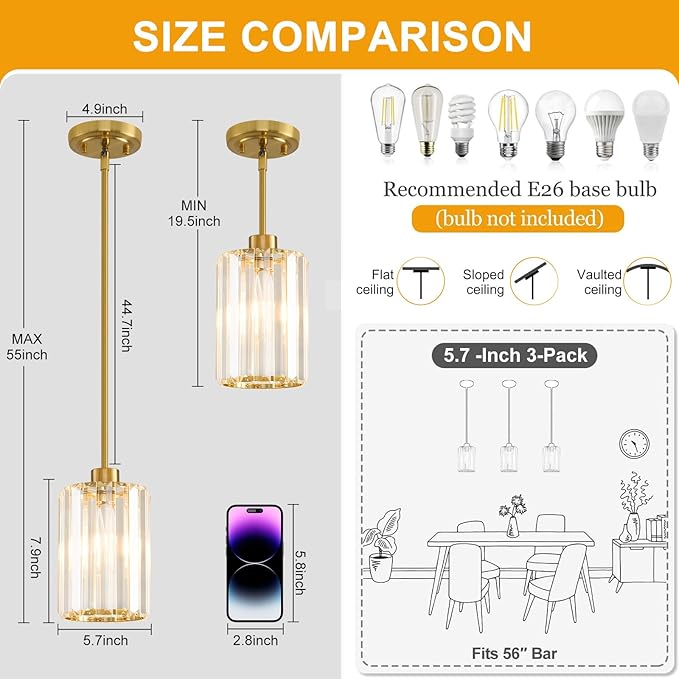 3 Pack Pendant Lights Kitchen Island, Modern Gold Pendant Light Fixtures, Mini Chandelier Crystal Kitchen Island Lighting, Hanging Pendant Lights Fixture for Kitchen Island Dining Room Hallway Foyer