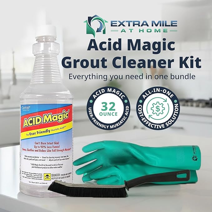 Acid Magic 32オンス グラウトクリーナーバンドル 高耐久グローブ＆グラウトブラシ付き - 3点セット - シャワータイルクリーナー 石灰、カルシウム、プールや床の汚れを除去
