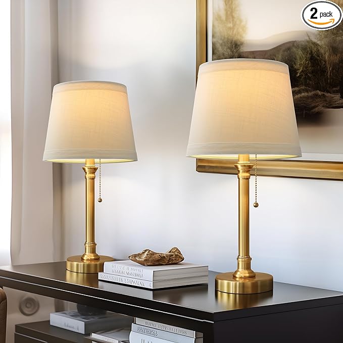 Oneach Modern Gold Brass Table Lamp Set of 2 for Bedroom Living Room 19.5'' Traditional Bedside Desk Nightstand Buffet Candlestick Samll Lamps with White Drum Shade