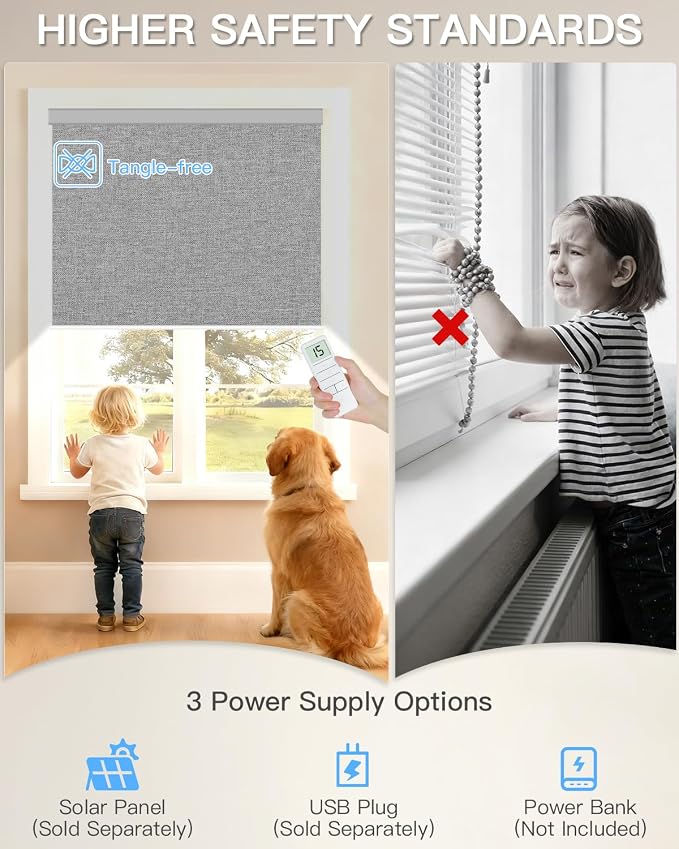 Tokblind Motorized Roller Shade with Remote Control, Blackout Electric Shade for Windows Compatible with Alexa Google via Hub, Rechargeable Smart Window Blind for Home Office (Fabric Grey)