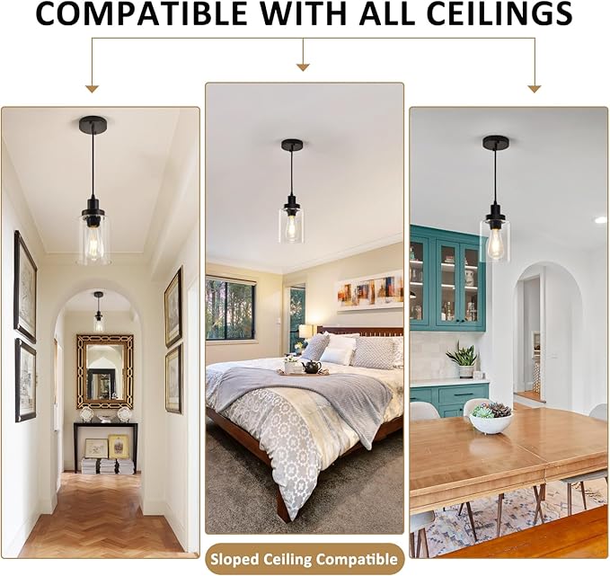 WimiSom Industrial Pendant Lighting, Modern Clear Glass Shade Farmhouse Adjustable Hanging Light Fixtures for Kitchen Island Living Room Bedroom Hallway, 3-Pack