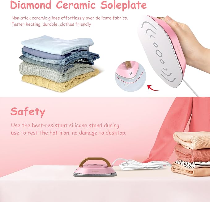 Newbealer Travel Iron Set, 100-240V Mini Dry Iron for Clothes (No Steam) | Max 300W, Heats in 60s, 302℉ Ceramic Soleplate, Handy Heat Press, 0.8lbs Lightweight for Quick Touch-ups Worldwide (Pink)