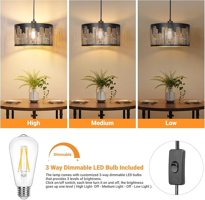 Qingmiao Plug in Pendant Light, Hanging Lamp Plug in with LED Bulb, 3-Way Dimmable Hanging Light Fixture for Living Room Bedroom Kitchen Ceiling Farmhouse Home Decor