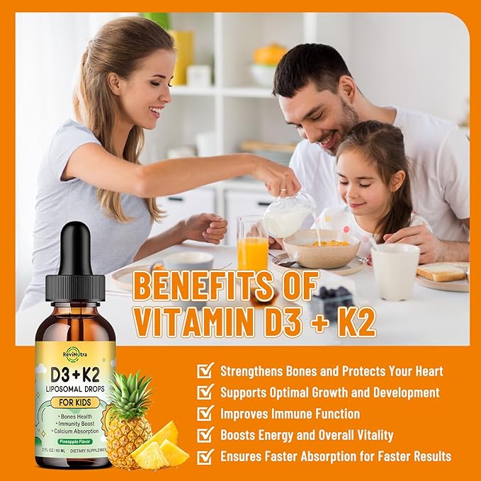 Gouttes de Vitamine D3 K2 pour Enfants, Complément Alimentaire Liquide Liposomal K2 D3 avec Calcium Magnésium Zinc, Vitamine B12, C, E pour des Os, des Dents et un Cœur Solides chez les Enfants et les Adultes, Saveur Ananas 2 Fl Oz