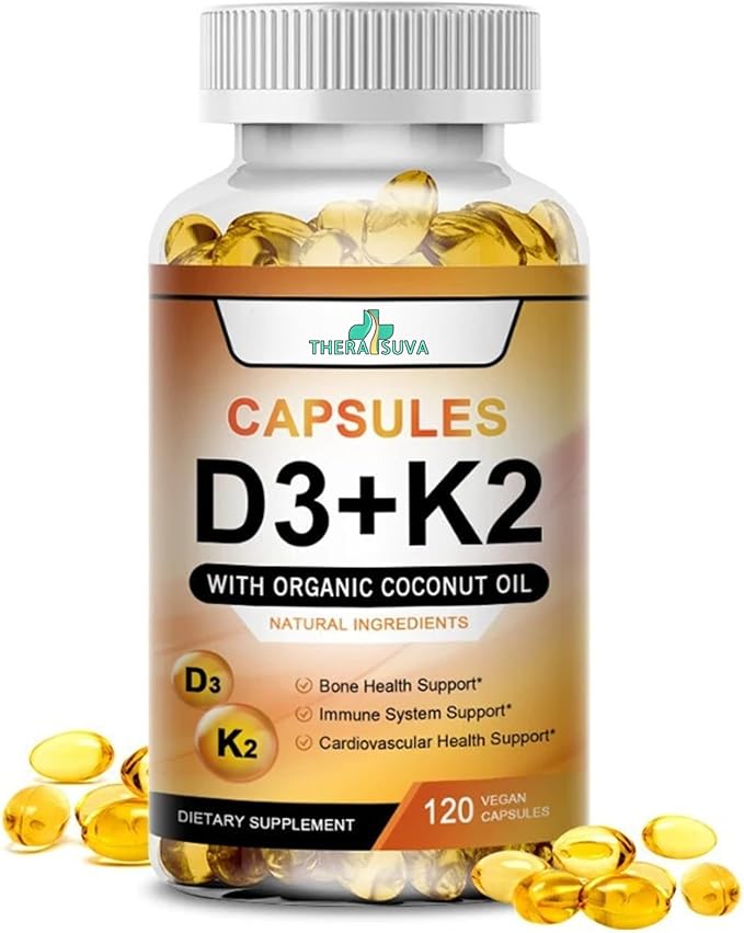 Vitamine D3 5 000 UI + K2 Haute Puissance – Végétalienne, sans OGM, avec Huile de Coco Biologique pour une Meilleure Absorption – Soutien Osseux & Cardiaque, Approvisionnement de 2 Mois, 120 Gélules Molles