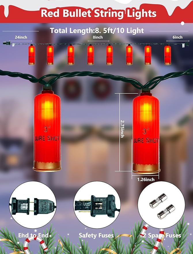 8.5Ft LED Shotgun Shell Christmas Light Outdoor, Christmas Decorations Lights with 10 LED Red Bullets Bulbs, Hanging Bullets String Lights for Patio Garden Backyard Party Xmas Tree Decor, Green Wire