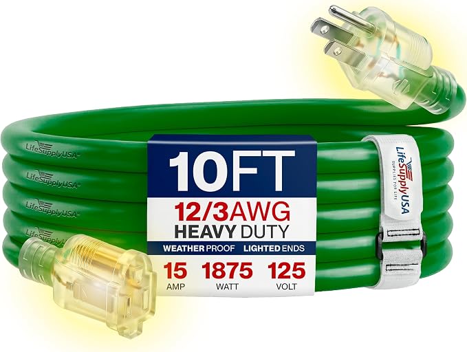 10ft Outdoor/Indoor Extension Cord 12/3 Gauge Extra Heavy Duty 3 Prong SJTW, Waterproof, Flexible Cold-Resistant Long Power Cord,15A 125V 1875W, Green by LifeSupplyUSA