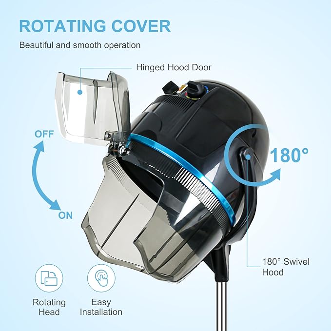 Nova Microdermabrasion Professional Hooded Floor Hair Dryer Adjustable Bonnet Hair Dryer Stand Up with Timer and Rolling Wheels for Beauty Spa Home Salon Equipment (Black)