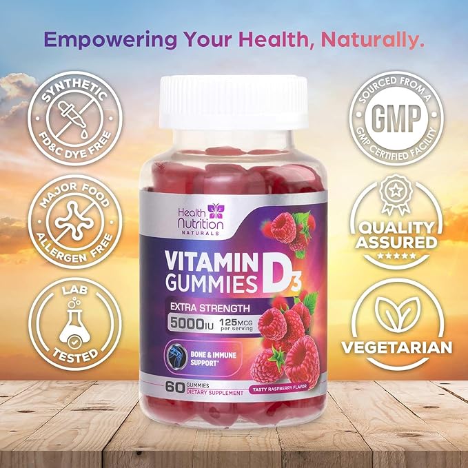 Vitamin D3 Gummies 5000 IU (125 mcg) - 3X Strength Immune Support and Bone Support, Vitamin D Gummy Dietary Supplement, Nature's Berry D Vitamin Supplement, Raspberry Flavored, Non-GMO - 60 Gummies
