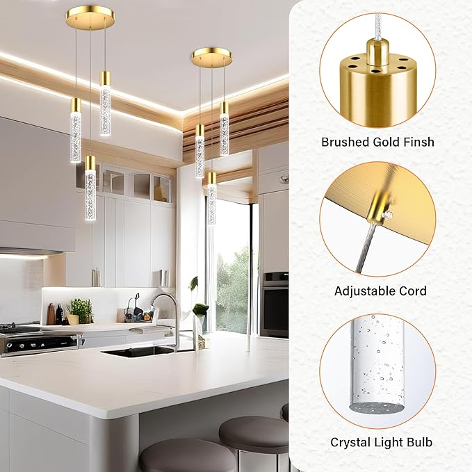 Pendant Lights Kitchen Island, 6500K Modern Kitchen Island Lights Brushed Gold, Ceiling Lighting Fixtures with Crystal Bubble, Integrated LED Hanging Light for Dining Room 1 Pack(3-Light)