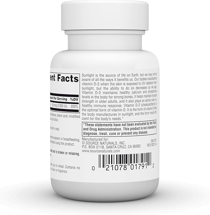 Source Naturals Vitamine D-3 1000 UI Soutient la Santé des Os et l'Immunité* - 100 Comprimés