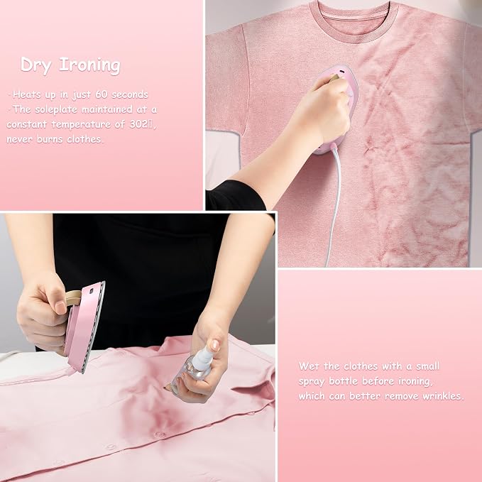 Newbealer Travel Iron Set, 100-240V Mini Dry Iron for Clothes (No Steam) | Max 300W, Heats in 60s, 302℉ Ceramic Soleplate, Handy Heat Press, 0.8lbs Lightweight for Quick Touch-ups Worldwide (Pink)