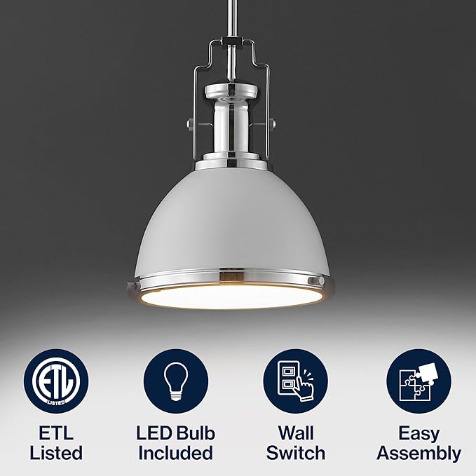 JONATHAN Y 10" Chrome/White Modern Industrial Iron LED Dome Pendant Light, Adjustable Hanging Fixture for Kitchen Island or Entryway, White Metal Shade, LED Bulb Included (JYL9535C)