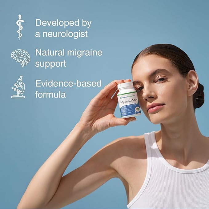 MigraineMD - Prévention naturelle des migraines, soulagement des maux de tête, CoQ10, Bisglycinate de magnésium, Mélatonine, Vitamine B2, Vitamine D3, 60 gélules