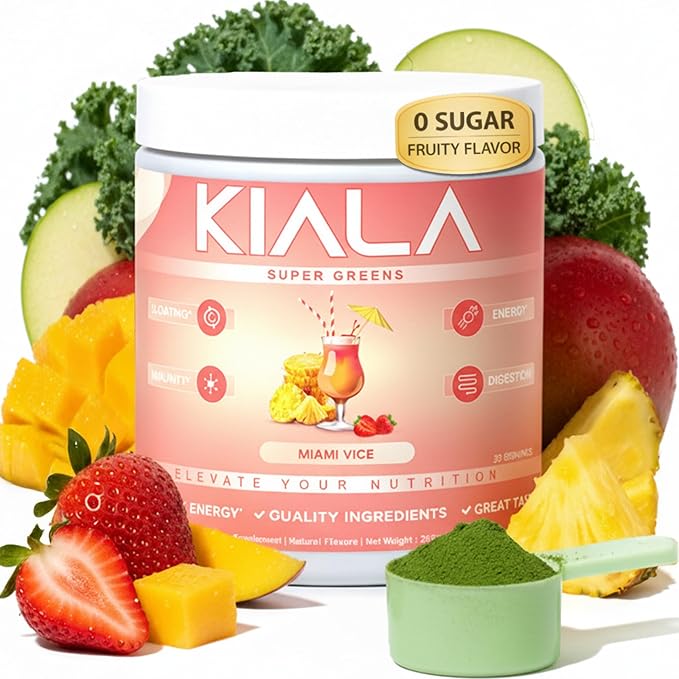 Kiala Nutrition スーパーグリーン、スピルリナ＆クロレラ配合オーガニックグリーンパウダー 消化、腸の健康、免疫、エネルギーに。グルテンフリー、ヴィーガン、シュガーフリー、スペクトラブレンド、マイアミバイスフレーバー 30食分