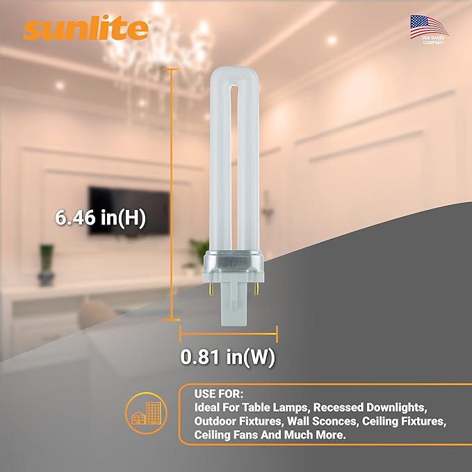 Sunlite PL13/SP27K Compact Fluorescent Single U-Shaped Twin Tube Light Bulb, 13 Watts, 120 Volts, 720 Lumens, 2-Pin GX23 Base, 2700K Soft White, 10 Pack