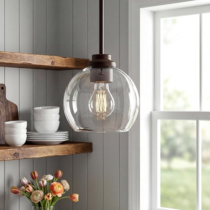 2-Pack Pendant Lights Kitchen Island, 7" Oil Rubbed Bronze Hanging Lights Fixtures with Clear Glass Globe Shade, Modern Kitchen Island Lighting for Bathroom, AD-22280-1P2-ORB