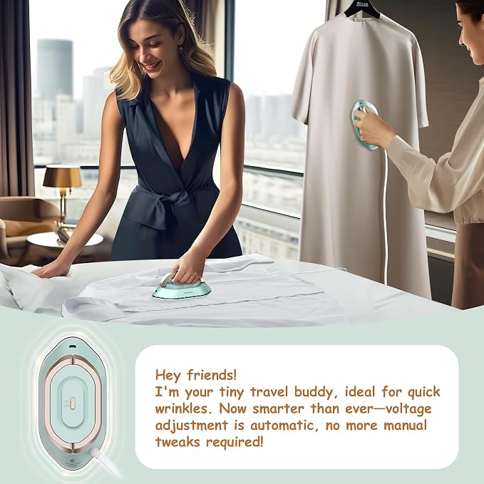 Newbealer Travel Iron Set, 100-240V Mini Dry Iron for Clothes (No Steam) | Max 300W, Heats in 60s, 302℉ Ceramic Soleplate, Handy Heat Press, 0.8lbs Lightweight for Quick Touch-ups Worldwide (Green)