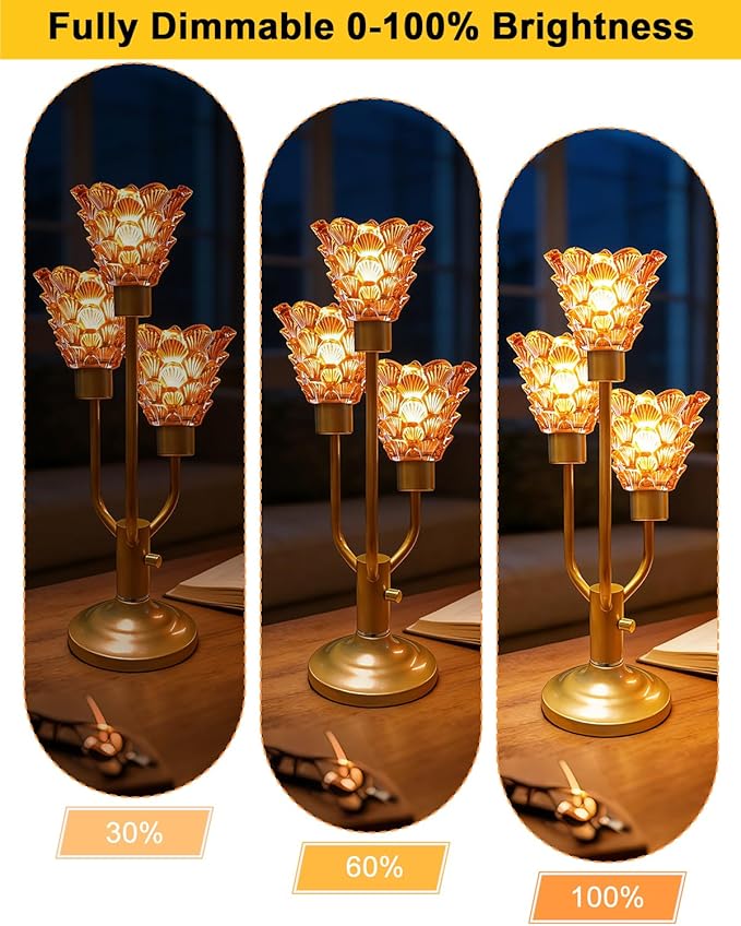 Mid Century Modern Table Lamp Nightstand Lamp Dimmable Gold Vintage Desk Lamp with Brown Glass 3 Bulbs Included Warmwhite Ambient Bedside Lamps for Living Room Bedroom Office Home Decor