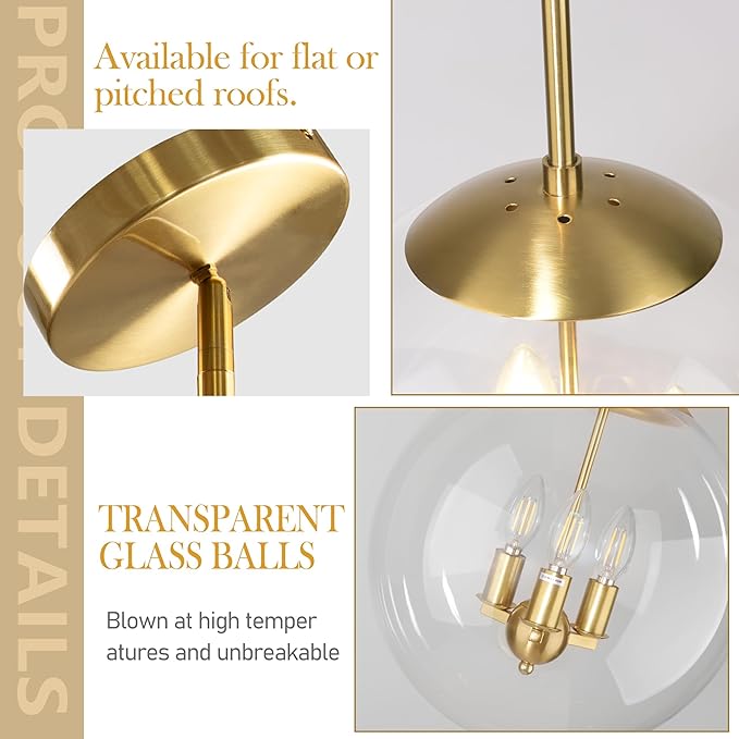 Bagood 14" Globe Pendant Light Contemporary Globe Pendant Lights Kitchen Island 3 Light Gold Mid Century Pendant Light Clear Glass with Brass Finish Adjustable Hanging Light Fixture for Dining Room