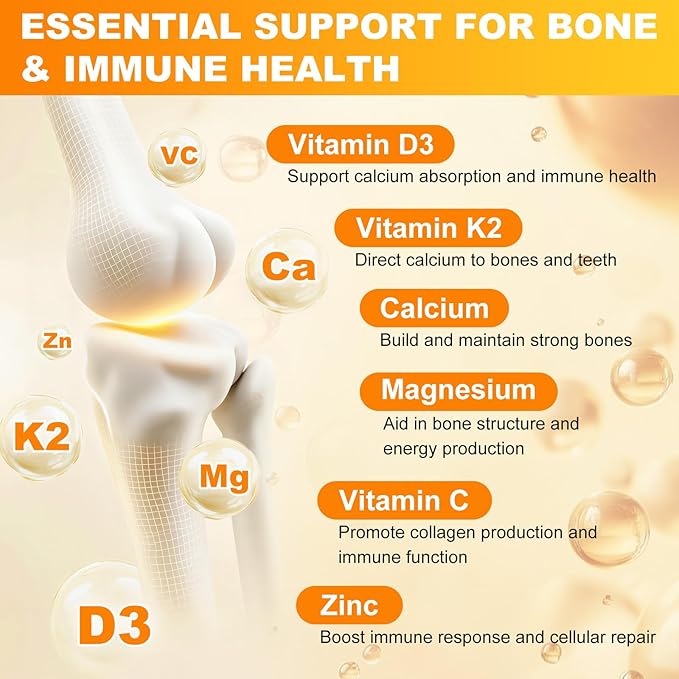 Gummies Vitamine D3 K2 avec D3 10000 UI et K2 200 MCG, Supplément 6 en 1 de Vitamine D avec Magnésium, Zinc et Calcium pour le Soutien des Os, de l'Immunité et de l'Énergie, Sans Sucre, Saveur Orange, 60 Unités