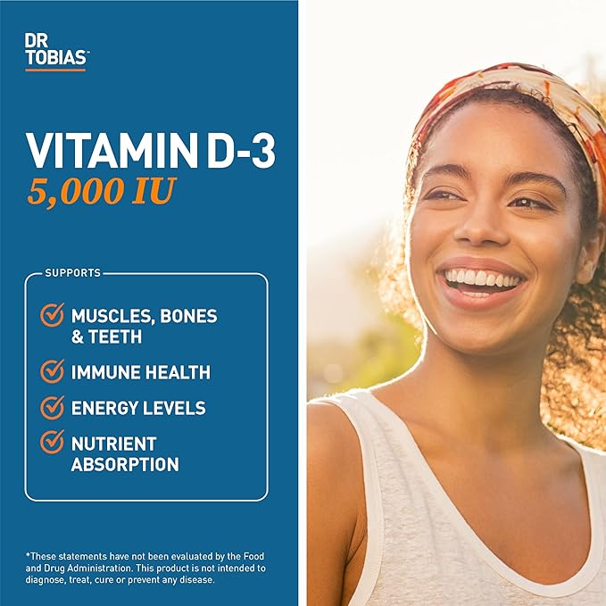 Dr. Tobias Vitamine D3 5000 UI, Essentielle pour des os, des dents et un système immunitaire sains, Supplément de Vitamine D Extra Fort, Sans OGM, 90 Capsules, 90 Portions