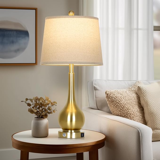 Rinweey 26" Gold Table Lamp for Living Room Single, Touch Control Bedside Lamp for Bedroom, 3-Way Dimmable End Table Lamp for Nightstand with USB Charging Port (1 Pack)