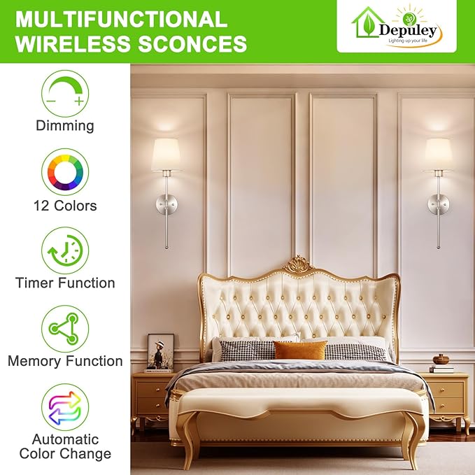 Depuley Battery Operated Wall Sconce: Set of 2 Wireless Wall Lights with Remote for Bedroom - Rechargeable 15 Colors Brushed Nickel Wall Lamp for Living Room Hallway Decor