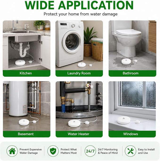 Water Leak Detector Kit with WiFi Hub & 3 Sensors, Smart Water Leak Alarm with App Alerts, 330ft Range, Zigbee Water Sensor for Basement, Kitchen, Bathroom, Washing Machine,White
