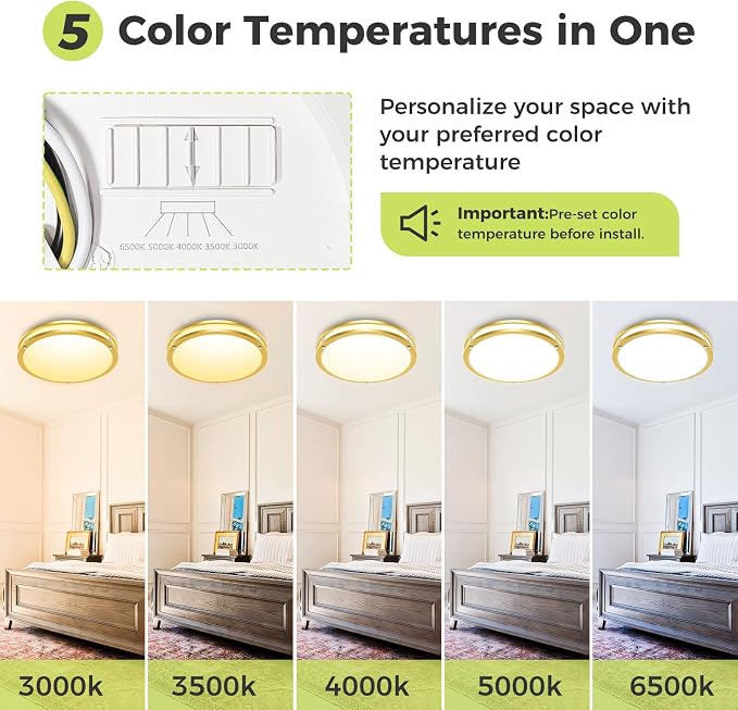 hepside 1 Pack Flush Mount Ceiling Light Fixture, Dimmable & 5Color Temperatures Ceiling Light Black, 13inch 24W 3000K 3500K 4000K 5000K 6500K Adjustable Ceiling Lamps for Bathroom Bedroom Hallway