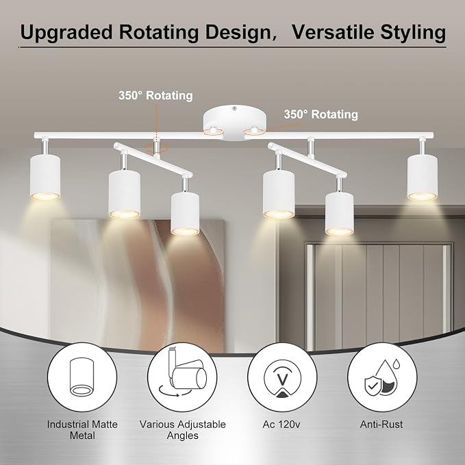 AUQUEE 6 Light Track Lighting Fixtures Ceiling, Matte White Kichen Track Lighting Fixtures with Rotatable Light Heads, Upgrade Light Poles, Modern LED Spot Lights for Kitchen/Hallway, No GU10 Bulb