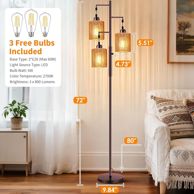 Hotsonic 72" Tall Boho Rattan Style Floor Lamp with Hand-Woven Paper Cord Shade, Dimmable Industrial Tree Standing Lamp for Living Room, Bedroom, Study Room, Office (3 x 800LM Bulbs Included) - Brown