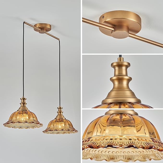 HDDFL Vintage 2 Light Pendant Light Fixtures Modern Brown Glass Hanging Lighting with Adjustable Cord for Kitchen Island Dining Room Living Room Hallway